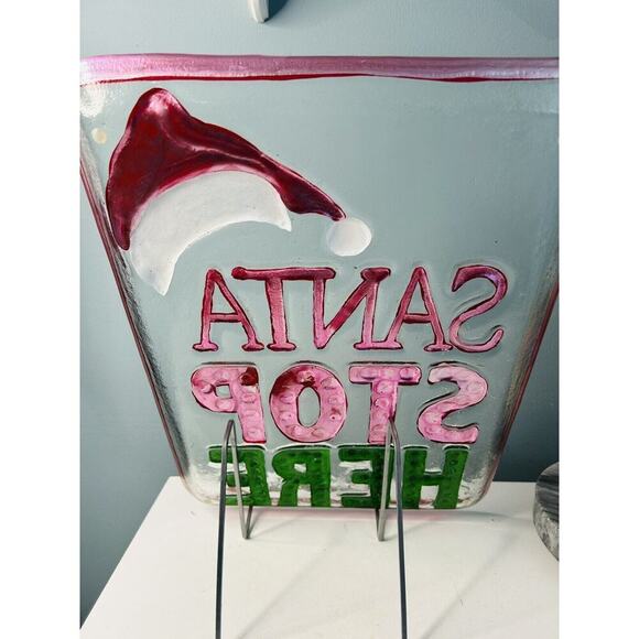 17” x 12” Large Christmas Serving Platter Infused Glass 14" Santa Stops Here - Picture 3 of 8